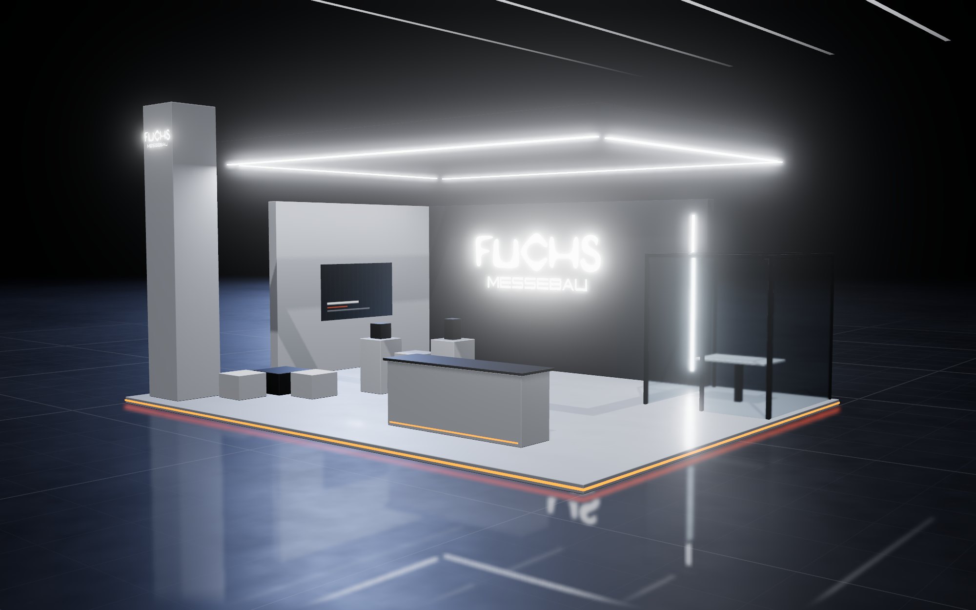 Visualisierung eines beleuchteten Messestands mit Markenwand, Glaskabine und Theke